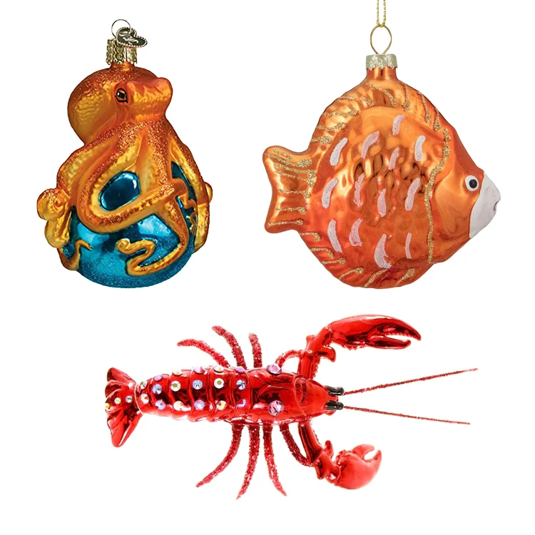 custom hand blown glass seafood fish figurines christmas ornaments wholesale decorative cute glass christmas hanging ornaments