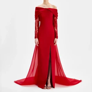 ZYHT 73467 Customized Ladies Red Off Shoulder Maxi Dress Lace Long Sleeve Slit Formal Mermaid Evening Dresses for Women