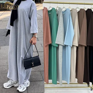 Vintage Solid Color Polyester Abaya T-shirtdress for Dubai Middle East Turkey-for Autumn Season
