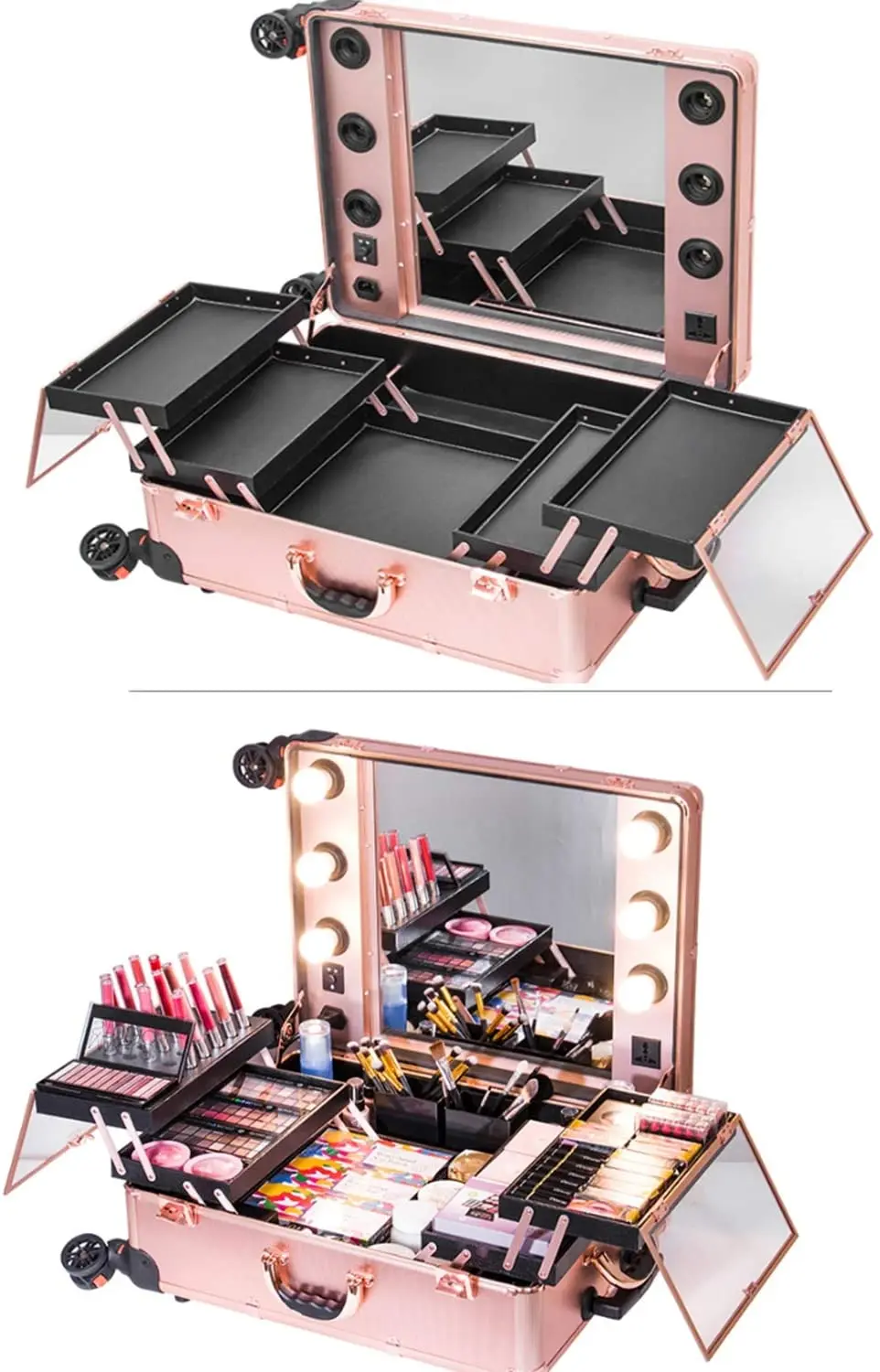 Cosmetic Case Box LED Mirror Lighted Makeup Travel Suitcase Artist Portable Dressing Table with Legs Rolling Luggage