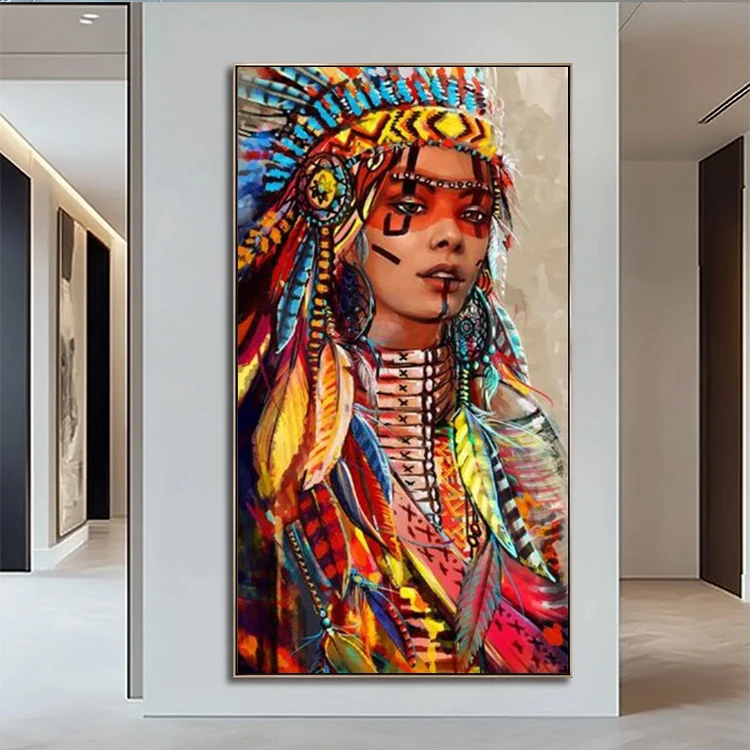 Colorful Tribal Canvas Print Modern Beautiful Woman Figure With Feather Indian Paintings and Wall Arts