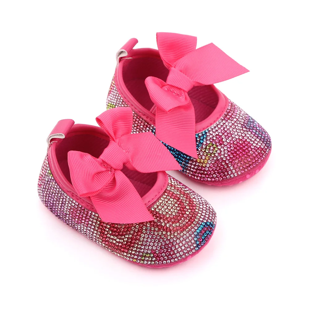 Baby Girls Solid Color Big Bow Rhinestone Pattern Infants Soft Soled Princess Walking Shoes details