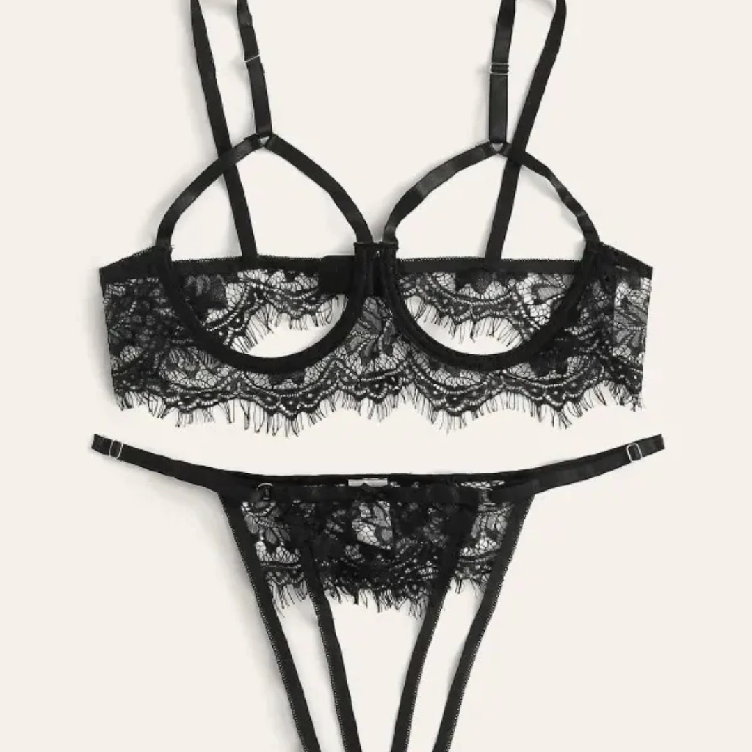 Strappy Floral Lace Bra and Thong Lingerie Set