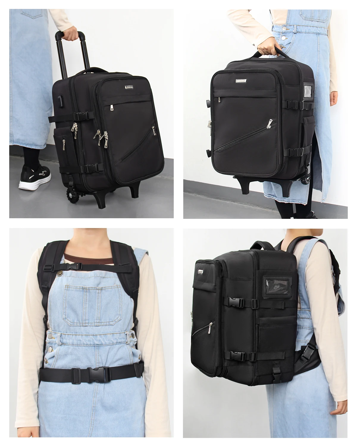 ReIaveI Adjustable Makeup Artist Handcart Hairdresser Backpack USB Rolling Train Case Zipper Closure for Hairstylist Travel Bag