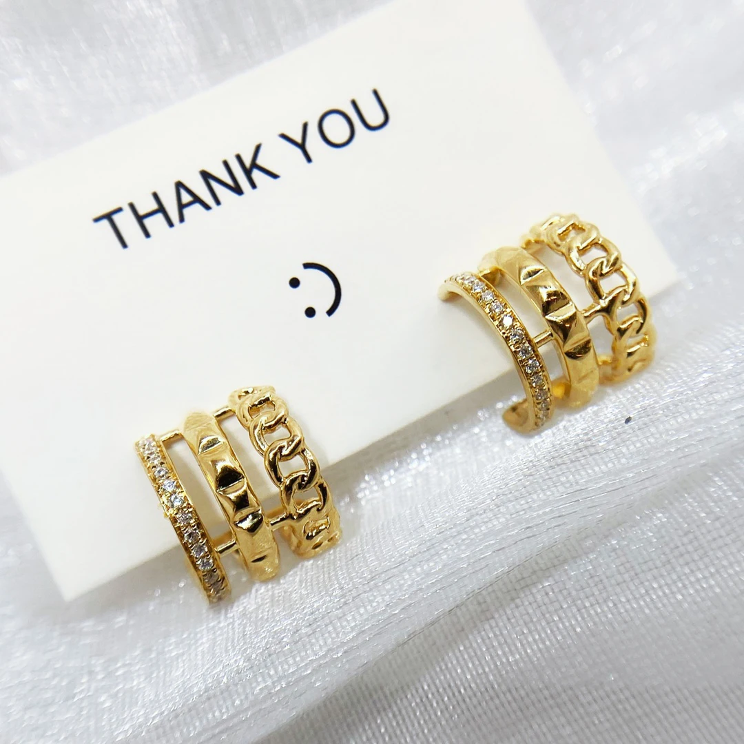 18K Solid Yellow Gold Minimalist Three Layers Semi Hoop Stud Earrings Unique Daily Wear for Women Classic Wedding Jewelry Gift