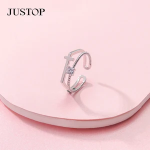 Adjustable Size Brass & Copper Open Cuff Ring with Zircon Cross Charm Double Layer Fashion Jewelry for Modern Style Gift