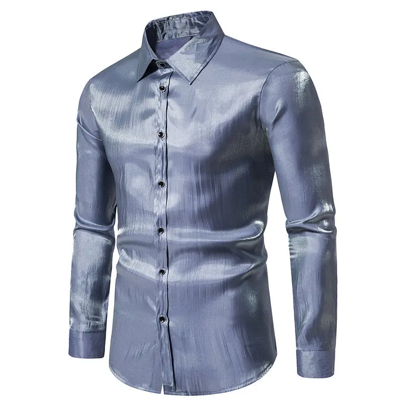 Hemden für Herren, ausgefallenes, langärmliges Hemd, glänzendes Seidensatin, metallisches Button-Down-Hemd, Rave-Disco-Party-Club-Hemd Tops360_voghion.com