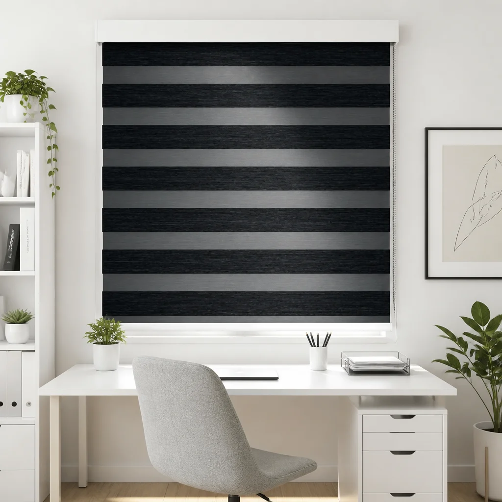 Black Gray Zebra Shade Built-In Fabric Chain System Dual Layer Day/Night Blinds Square Headrail Glare Control Home Office Custom