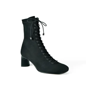 Mixed Square Toe Ankle Boots Fashionable Formal Classic Work Lace-up Chunky Heel Zipper Side Cushioned Velvet Lining for Autumn