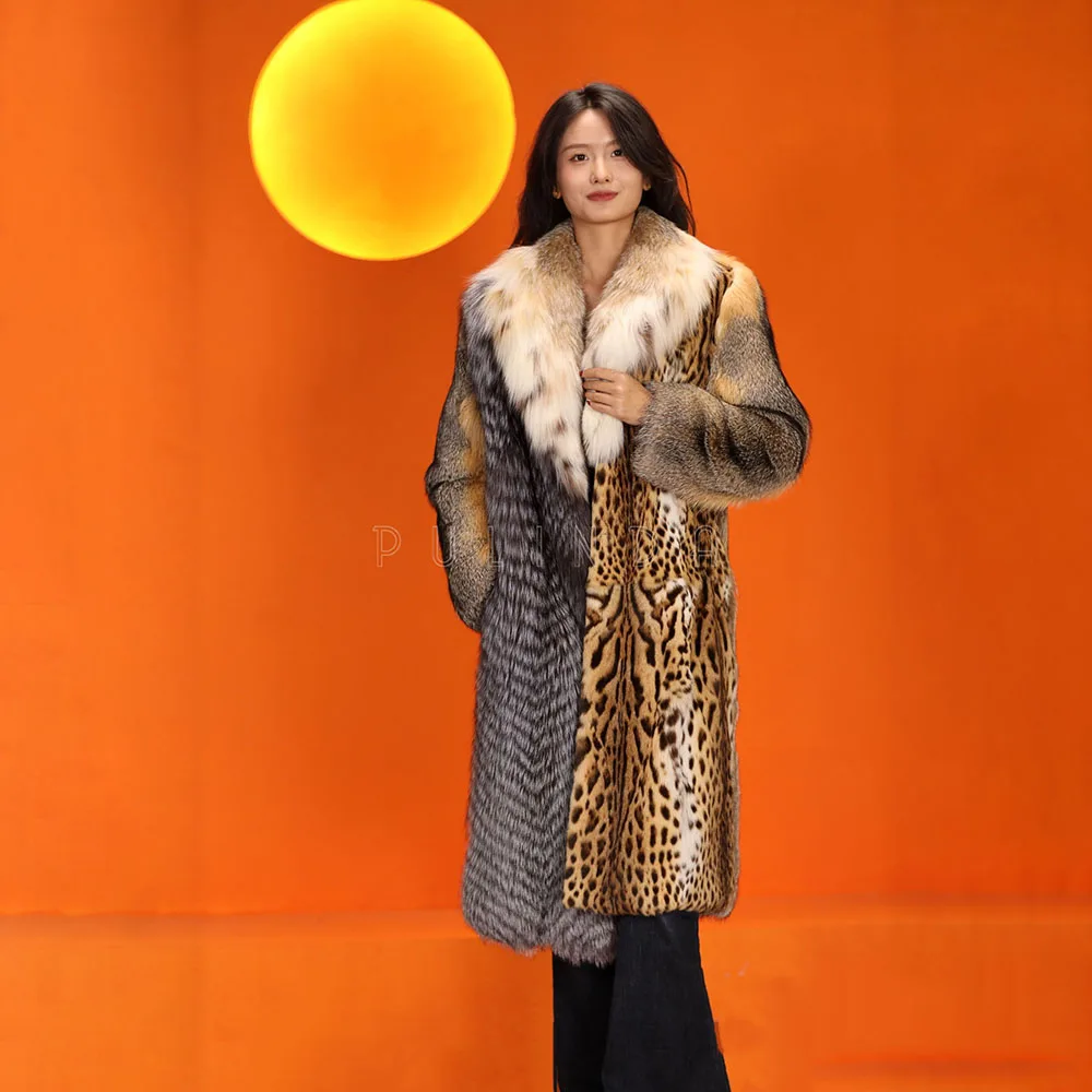 Luxury Slim Women's Ocelot Fur Coat with Lynx Collar Elegant