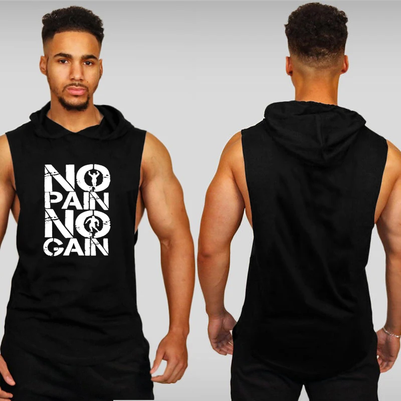 Custom Breathable Cotton Gym Wear Stringer Hooded Tank Top No Pain No ...