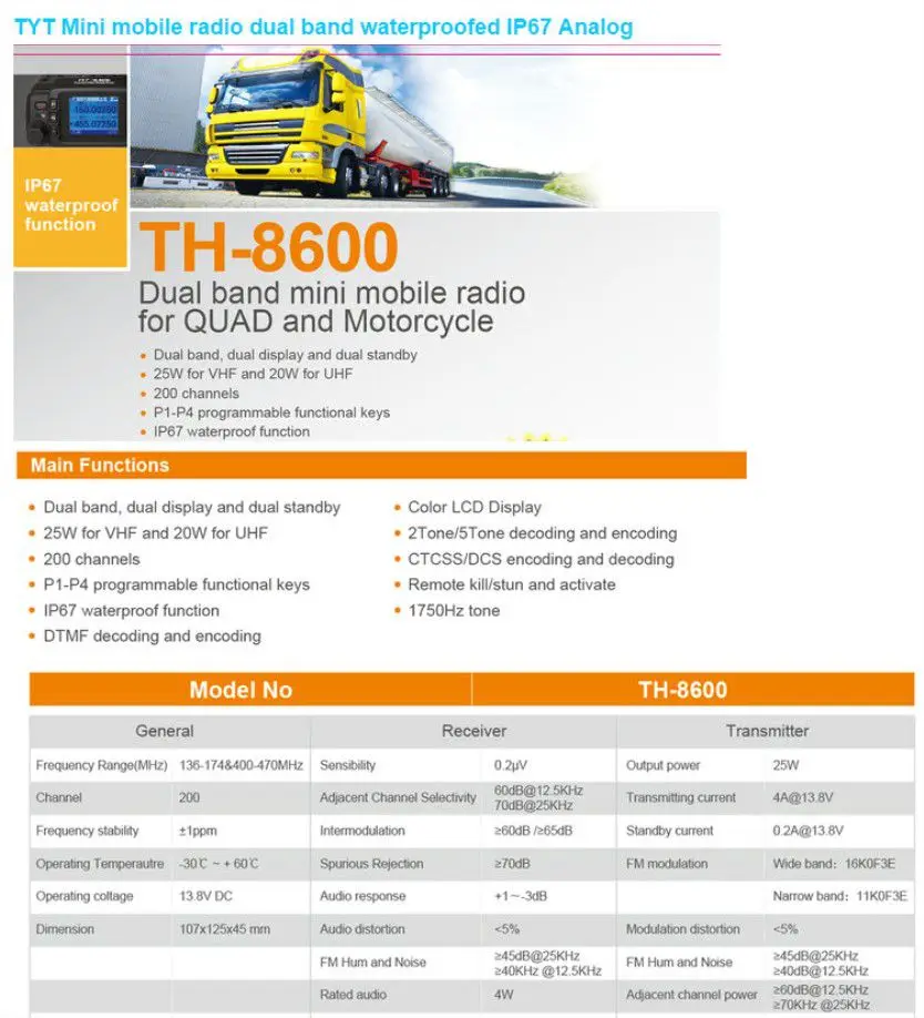 Mariosourcing Tyt Th 8600 Mini Dual Band Ip67 Waterproof Mobile Transceiver Vhf 136 174Mhz Uhf 400 480Mhz Amateur Car Radio Ham