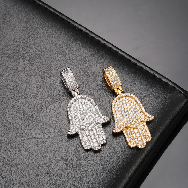 Hip Hop Jewelry Hamsa Hand Pendant Iced Out CZ Cubic Zirconia Necklace Iced Hamsa Hand Pendent Necklace in White Gold Jewelry