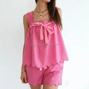 Wholesale Pink Polka Dot Pajama Set Scalloped Edges Ruffle Straps Women Sleepwear