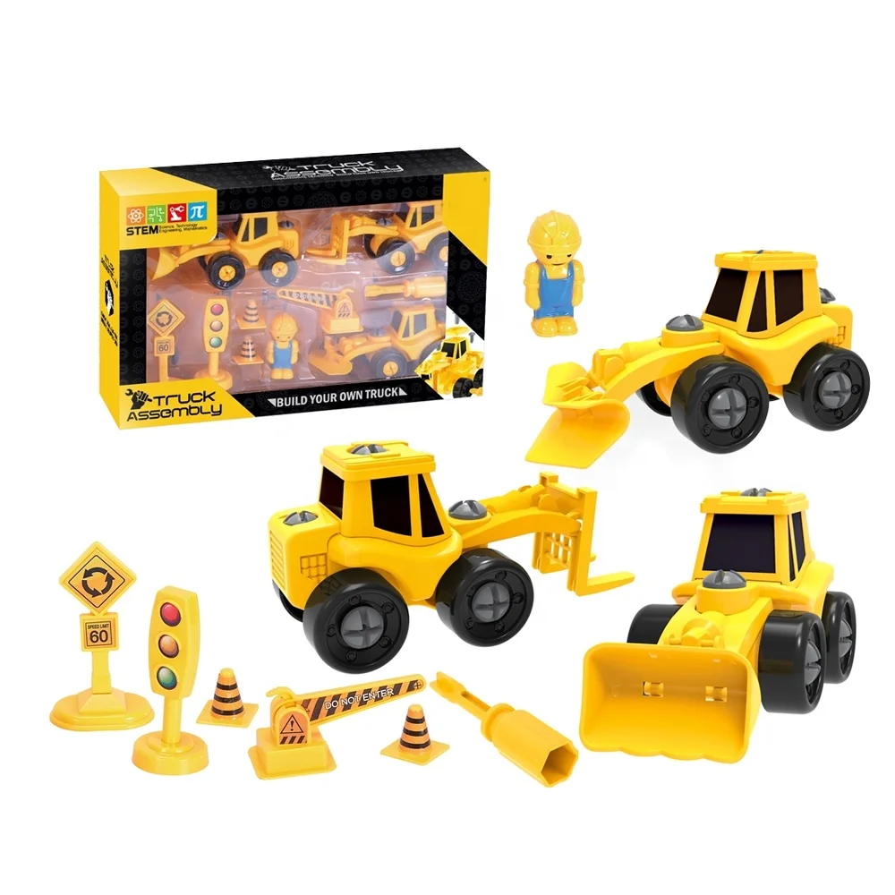 Hot Sale Engineering Vehicle Set DIY Take Apart Truck Construction Toys STEM Engineering Building Play Set with Scene Roadblocks