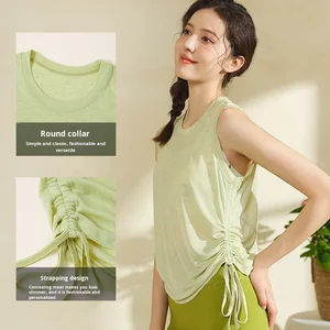 Women Plus Size Sleeveless Yoga Top Loose Fit Workout Shirt Drawstring Hem Breathable 100% Polyester Fabric Loose Neck Yoga Vest