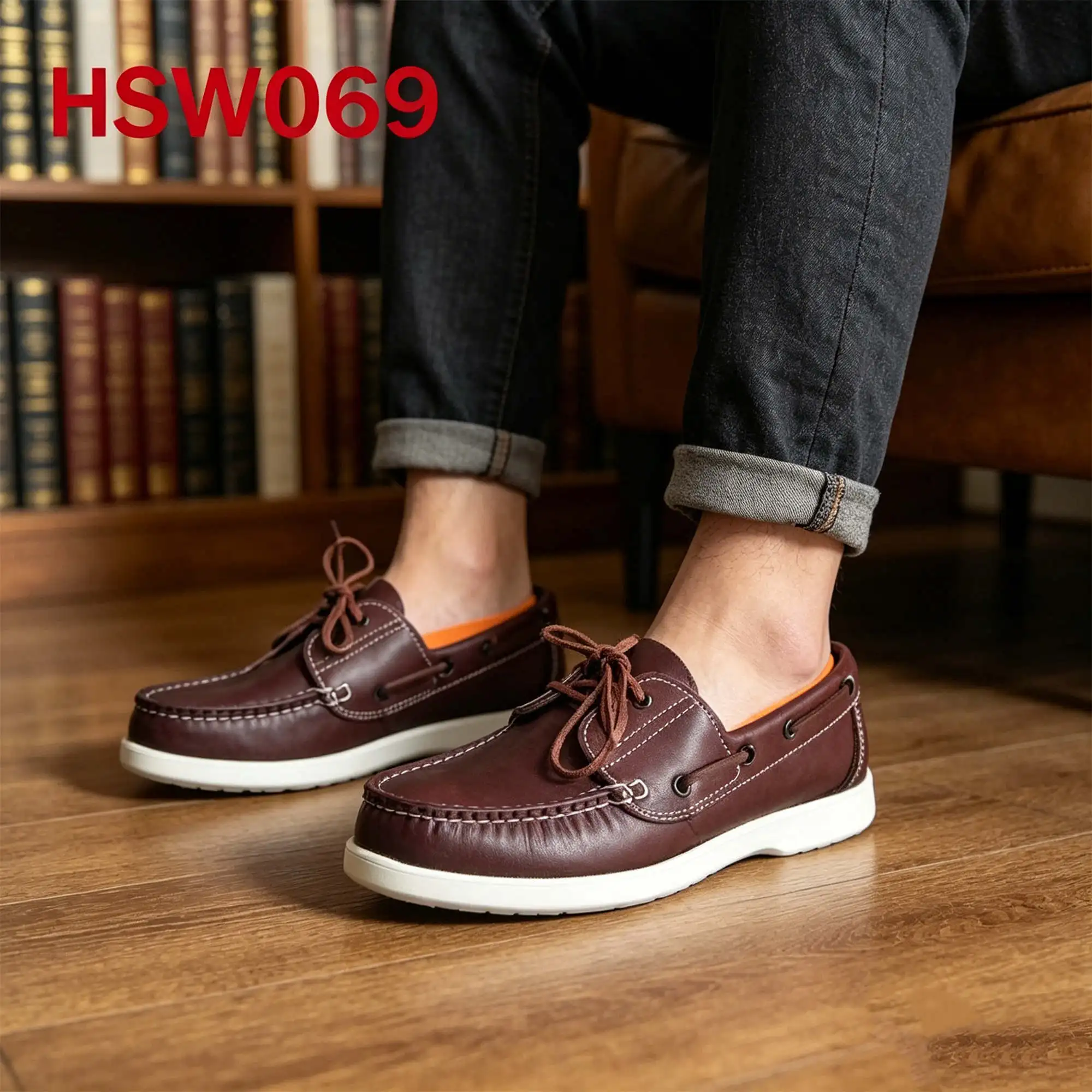ZYF,Outdoor Activities Lace up Style Full Grain Leather Red Boat Shoes Durable Rubber Sole Expert Stitching Penny Shoes HSW069