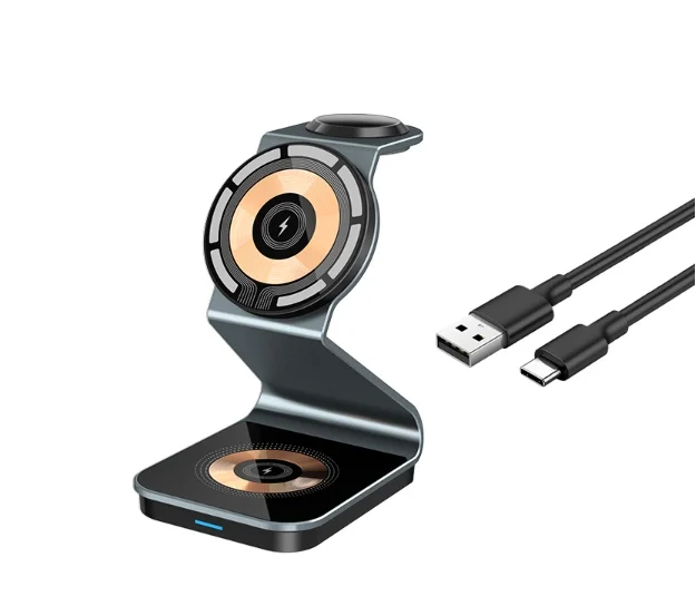 Wholesale 15W Fast Charging Magnetic Wireless Phone Charger for iphone Aluminium Alloy 3 in 1 Transparent Wireless Charger Stand