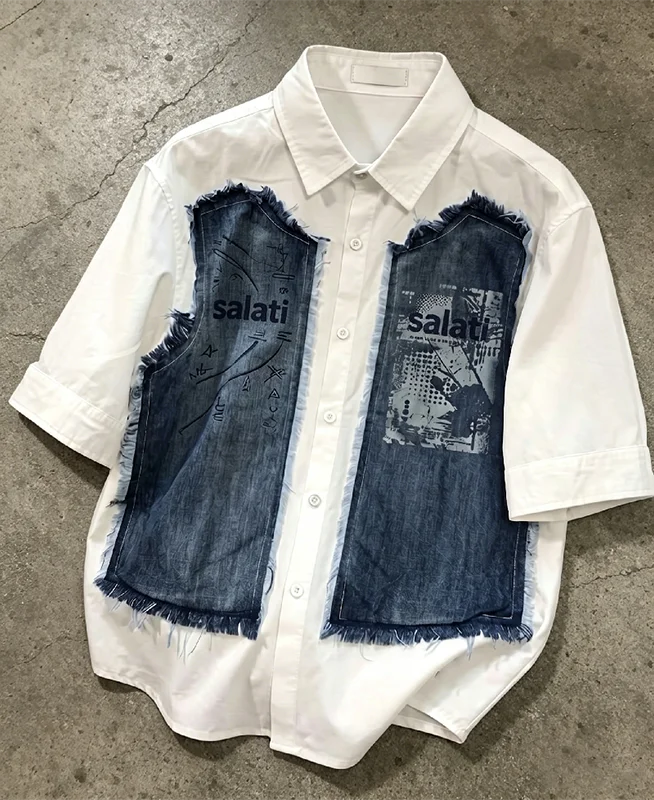 Men Y2K Denim Patchwork Shirt Frayed Graphic Print Short Sleeve Streetwear Casual Button up gallery 8