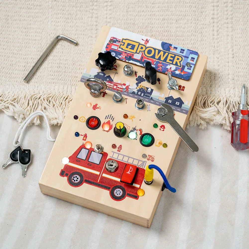 나무 감각 여행 완구 전자식 LED 조명 스위치 버스 보드 몬테소리 유아용 장난감 나사와 너트 포함