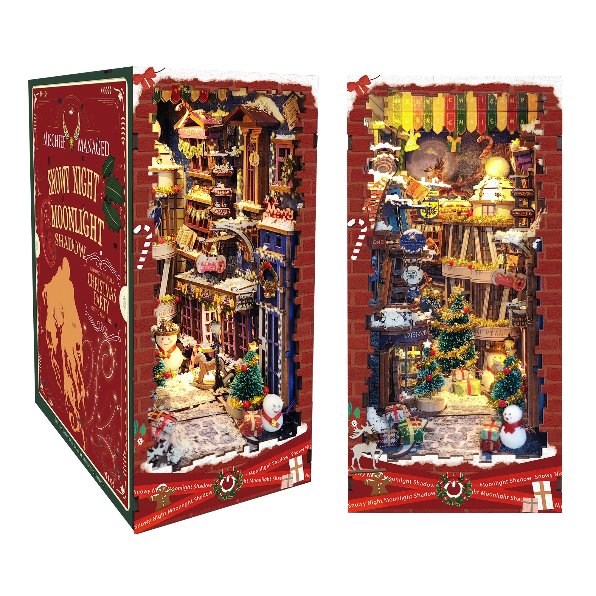 Book Nook Christmas Wooden Puzzle Bookend Diy Miniature House Booknook Shelf Insert Snowy Night Moonlight Shadow Book Nook Kit