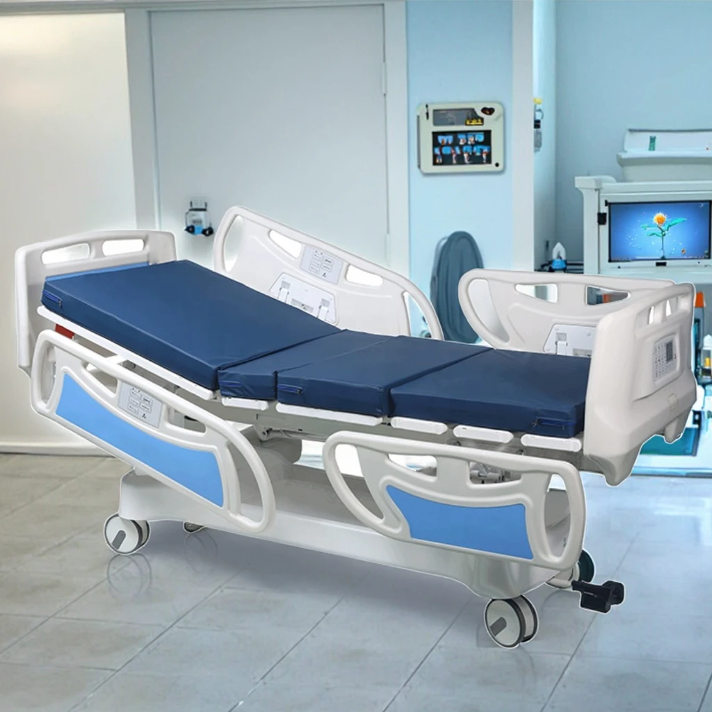 Adjustable Modern Foldable Metal Hospital Medical Bed with 4 Motors Infusion & PP Guardrails for ICU Gym School & Hotel Use 4