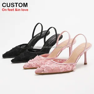 1235B-14 Summer Fashion Breathable Lace Petal Mesh Upper Sexy Pointed Toe High Heel Sandal for Women