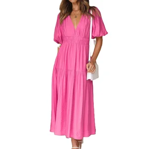 2023 Plain Ladies Summer Clothing V Neck Show Back Waist Pure White Maxi Pleated Elegant Gentle Women's Dress