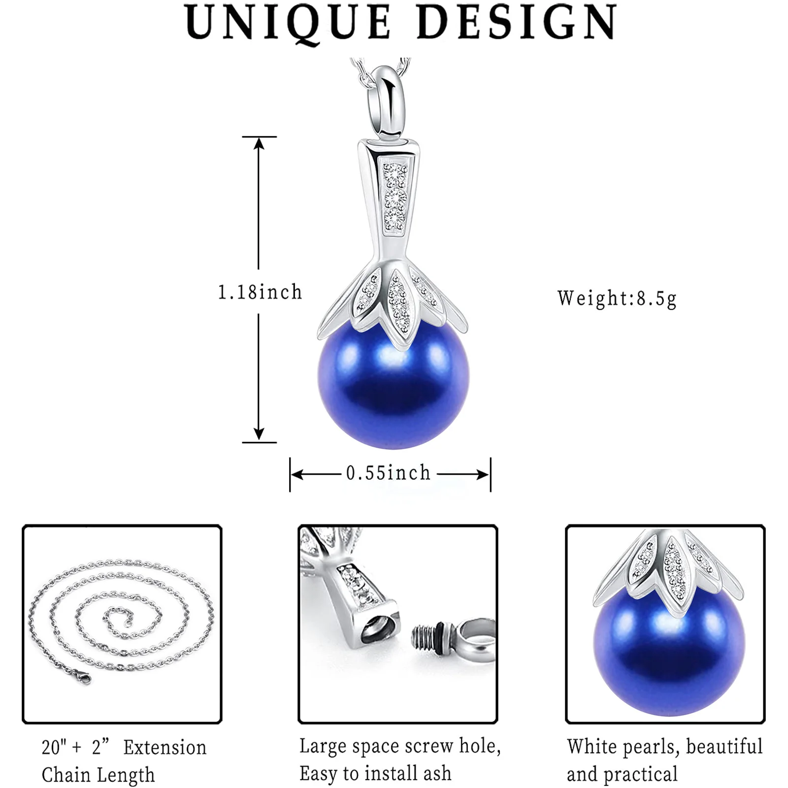 Fashion Elegant Pearl Pendant Necklace Cremation Urn Hold Ashes Keepsake Stainless Steel Memorial Jewelry Gift for Women Wife