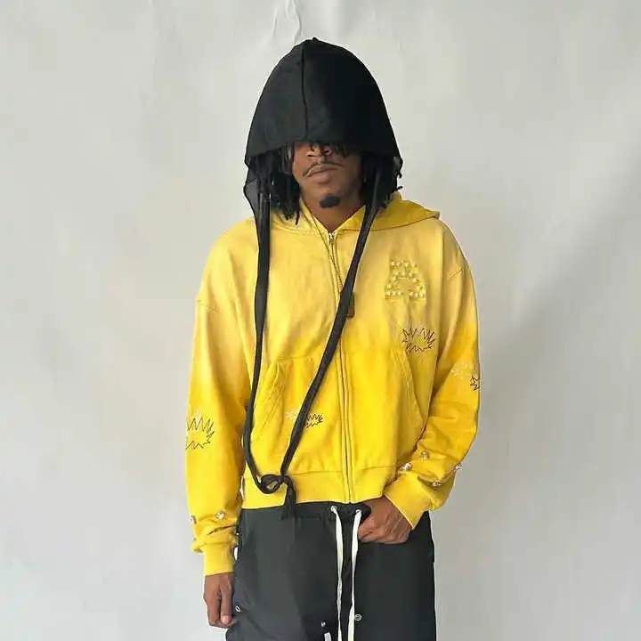 Salati High Quality Custom 100% Cotton Thick 430 GSM Zipper Pearl Sun Faded Distressed Embroidery Acid Wash Hoodie Homme for Men gallery 2