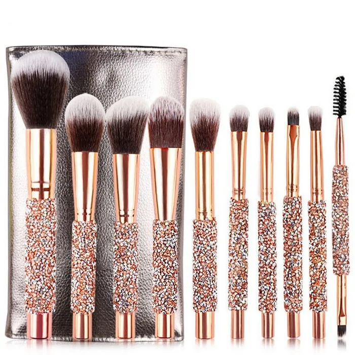 Rose golden Glitter Handle 10pcs crystal diamond foundation brush set with PU bag makeup brushes