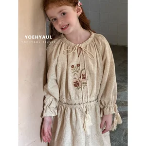 YOEHYAUL 25175 Bohemian Style Girl Dress Flower Embroidery Drawstring Collar Cuffs Girl Knee-length Dress Baby Girl Dress Child