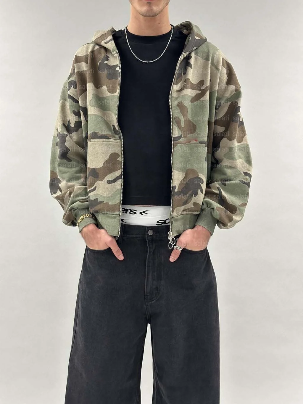 Salati Wholesale Streetwear Sweatshirts Double Zip up Dtg Printed Boxy Fit Cotton Camouflage Cropped Camo Hoodie for Men Stylish gallery 2
