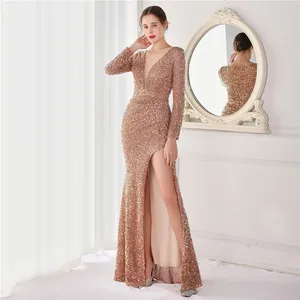 New Long-sleeved Sequined Slit Mermaid Evening Dress Suitable for Parties and Banquets