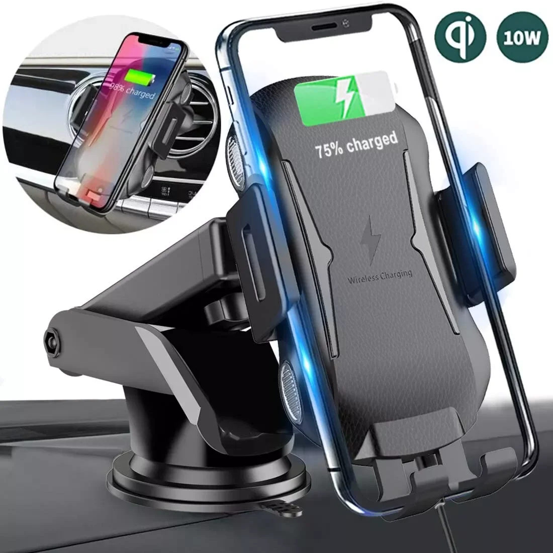 2-in-1 Wireless Car Charger & Phone Mount - Auto Clamping, Qi Fast Charge, 360° Adjustable