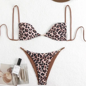 Women Sexy Floral Print Triangle Bikini Set With Beaded Decoration Two Piece Swimsuit