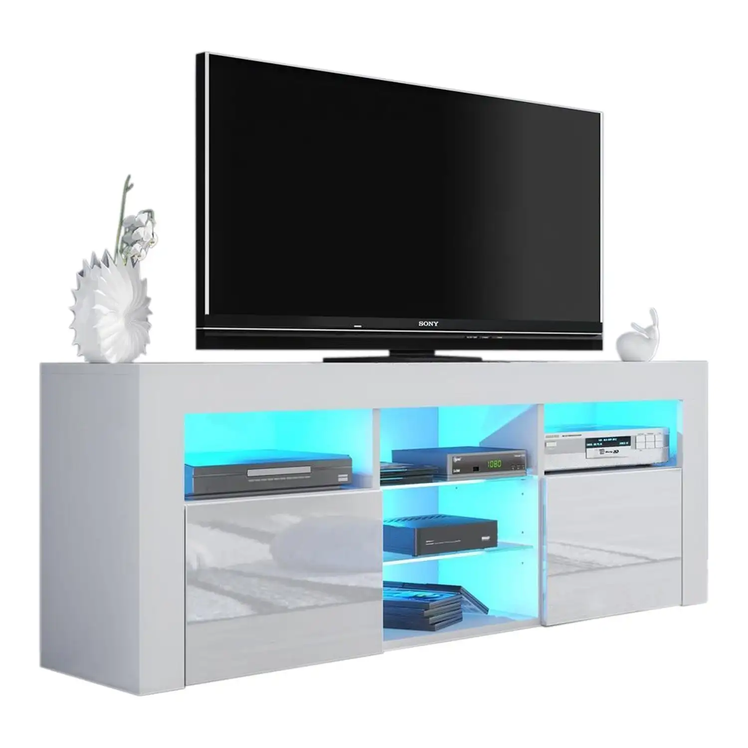 Modern Matte Body High Gloss Fronts LED Lights Entertainment Center White Wood Media Console Table with 2 Drawers TV Stand