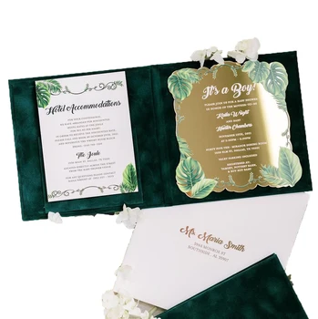 Dark Green Velvet Hardcover Wedding Invitations Gold Mirror Acrylic Card with Gatefold Pocket Cover and RSVP Inside