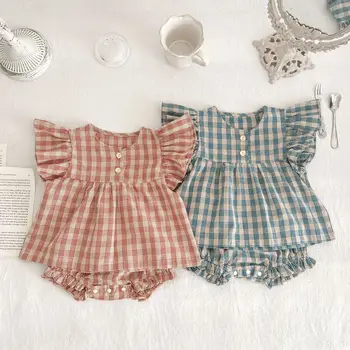New Summer Arrival Stylish Casual Two-Piece Set for Baby Girls Flying-Sleeved Plaid Doll Shirt and Shorts Baby Clothing Sets