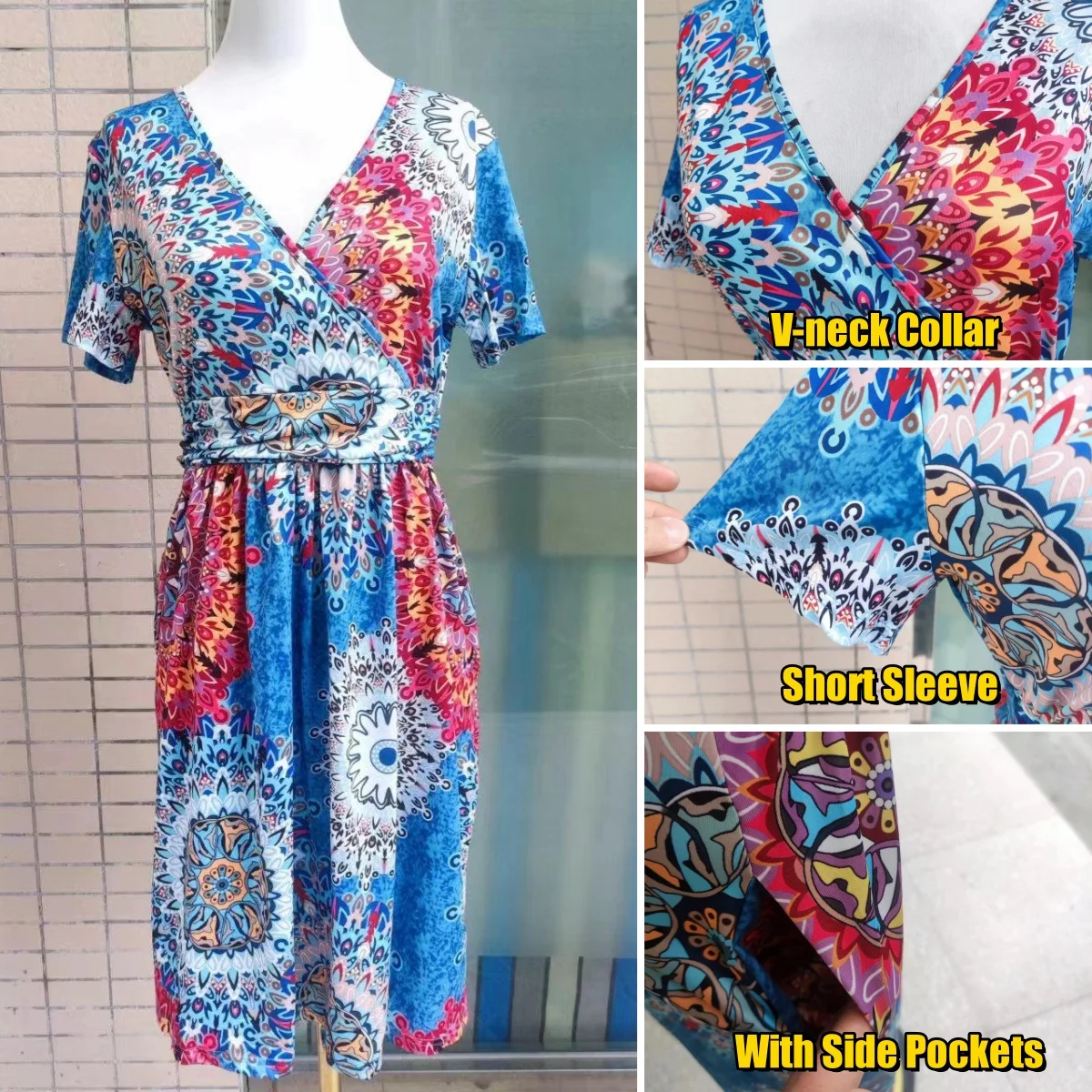 2024 Women Summer Bohemia A-line Dress Short Sleeve V-neck Pocketed Dresses Knee Length Lady High Waist Casual Dresses