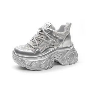 High quality thick soled 9CM women's shoes, spring and summer new single mesh breathable lace up women's shoes