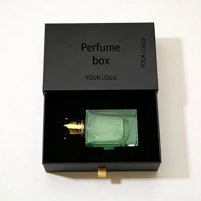 Scatola personalizzata a cassetto per imballaggio di profumi, scatola in cartone riciclabile con rivestimento UV, stampata per flaconi di profumo, scatola nera vuota scorrevole per regali