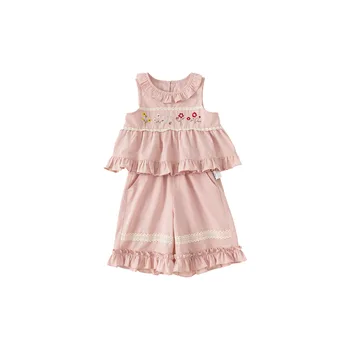 Summer New Fashion Baby Girl Clothing Set Embroidered Floral Sleeveless Top Lace Pants Sweet Soft Girl Two-piece Baby Suit