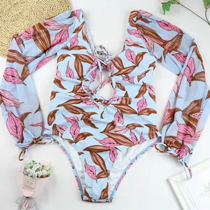 JSN Customize OEM 2026 Private Label  Swimwear Beachwear Mesh Bikini Swimsuit Hollow Out Women Long Sleeve One Piece Swimsuit