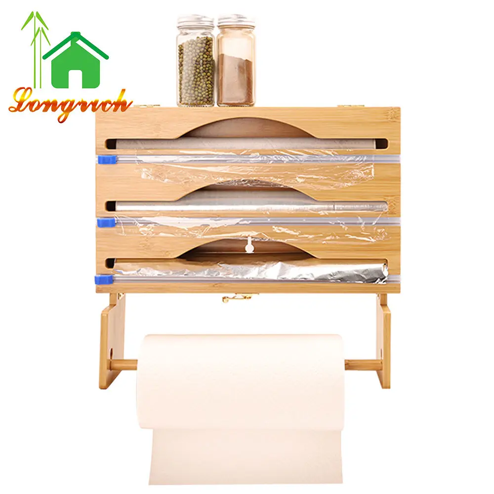 Wall-mount Bamboo Paper Towel Holder in Plastic Wrap Dispenser with  Cutter Foil and Plastic Wrap Organizer