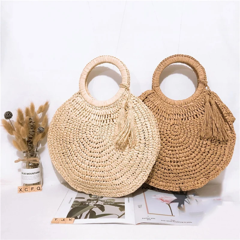 Rattan Bag Wooden Round Bag Straw Bag Rattan Woven Round Tassel