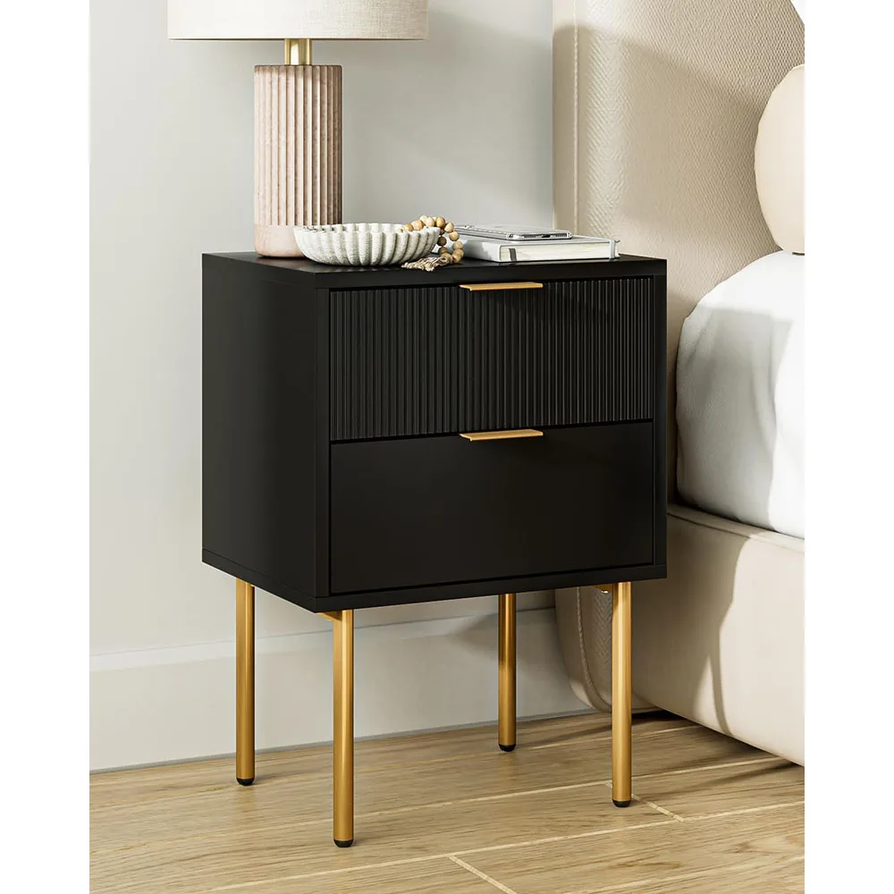 Modern Nightstand with Gold Frame 2 Drawers Small Bedside Table for Bedroom Living Room Dining Wooden Side Table for Home Use supplier