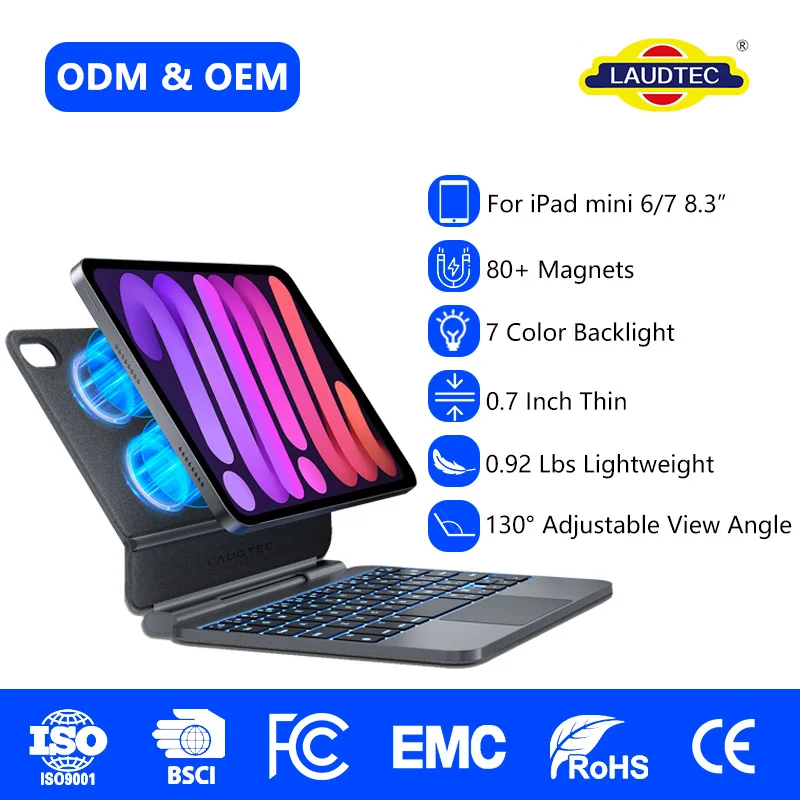 Funda teclado Laudtec para iPad Mini 6, folio magnético delgado con retroiluminación RGB de 7 colores, touchpad y teclas de acceso directo, carga rápida USB-C