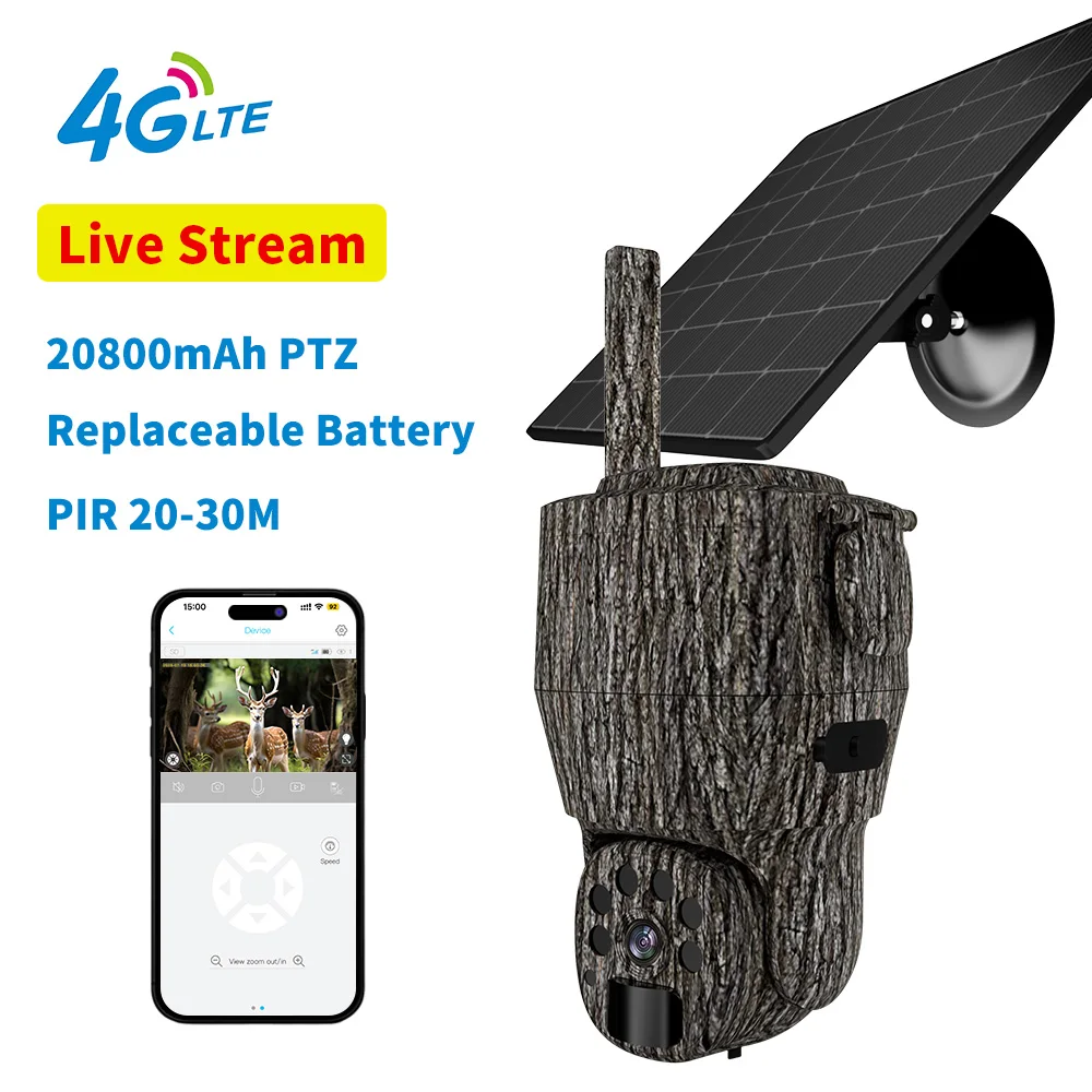 Cámara de Caza y Vigilancia PTZ 4G LTE con Transmisión en Vivo para Exteriores, Batería Recargable de 20800mAh, para Fauna Silvestre con Panel Solar
