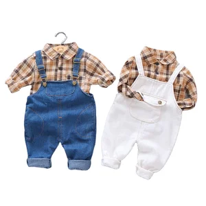 Spring Autumn Fashion Comfortable Checked Turndown Collar Shirt Denim Pants Boutique Cotton Children Clothes Kids Clothes Boys